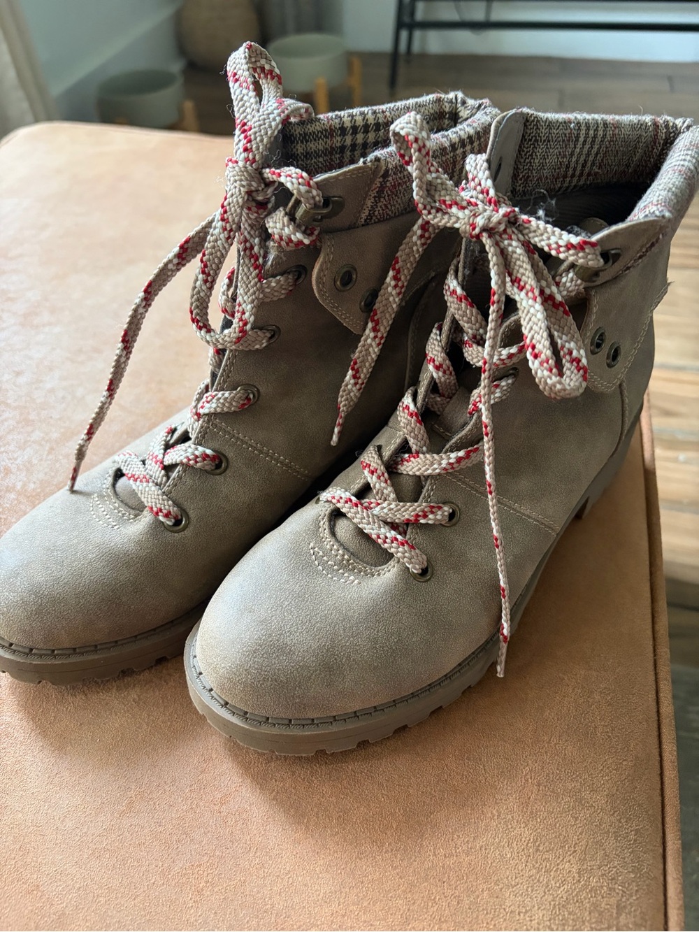 Maurices Taupe Lace-Up Ankle Boots with Red-Trim Laces